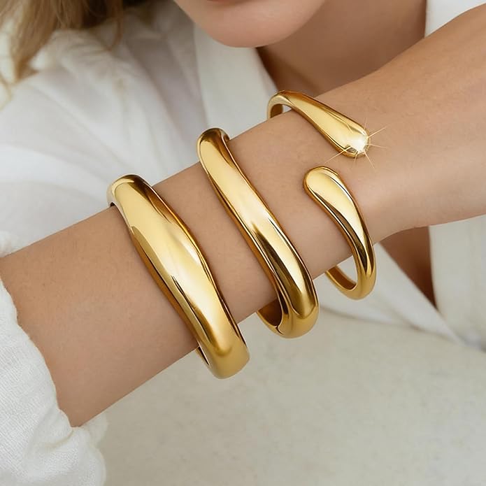 3Pcs Chunky Gold Bangles Bracelets for Women, Spring Hinged Big Stackable Bangles Set, Trendy Cuff Bracelet Stack Fashion Jewelry Gifts