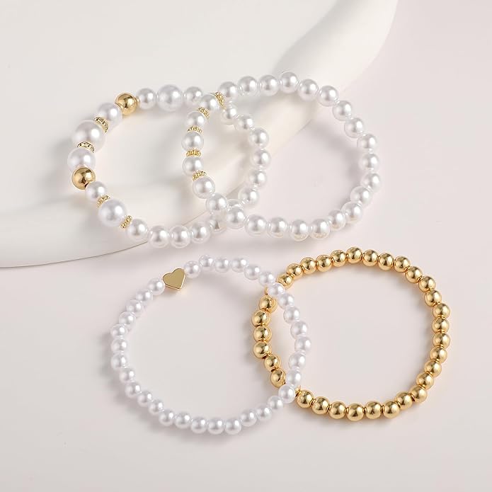 Gold Plated Beaded Bracelets for Women Trendy, 14K Gold Plated Stack Cross Pearl Gold Plated Bead Stretch Bracelets Set Elastic Hypoallergenic Bracelets Jewelry Gifts