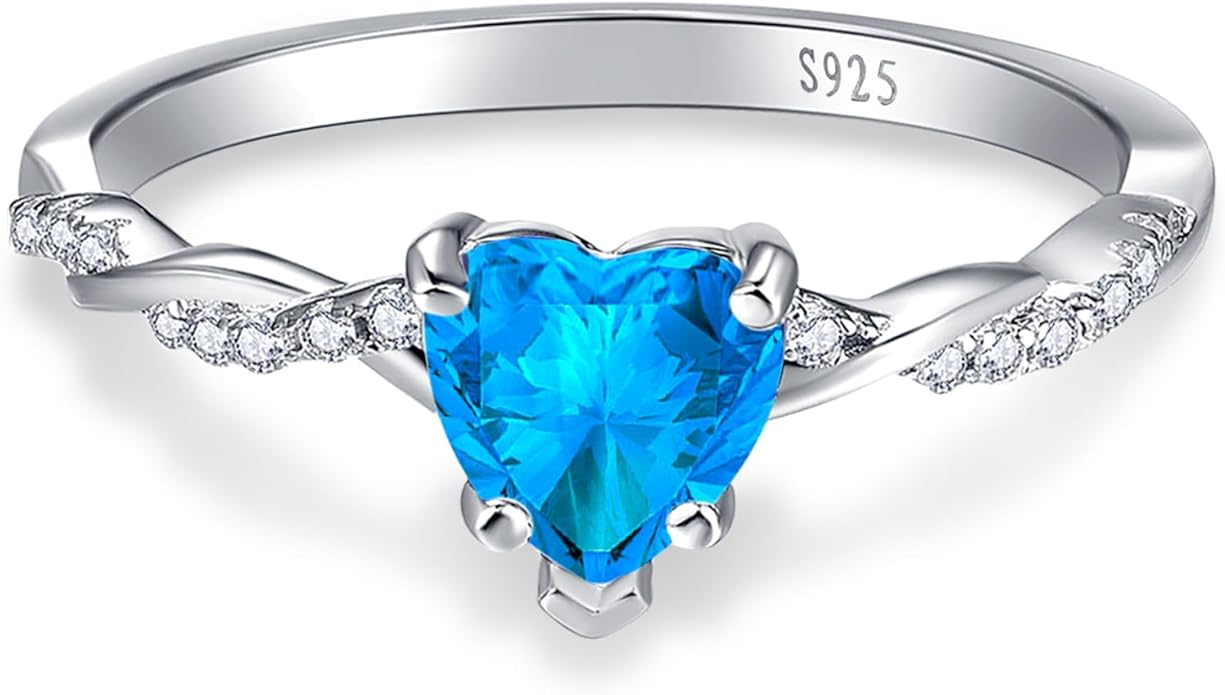 1.25ct Womens Heart Promise Ring, 925 Sterling Silver Heart Cut Created Emerald/Sapphire/Amethyst/Ruby/Cubic Zirconia/Opal Twisted Vine Engagement Ring for Women Size 5-10