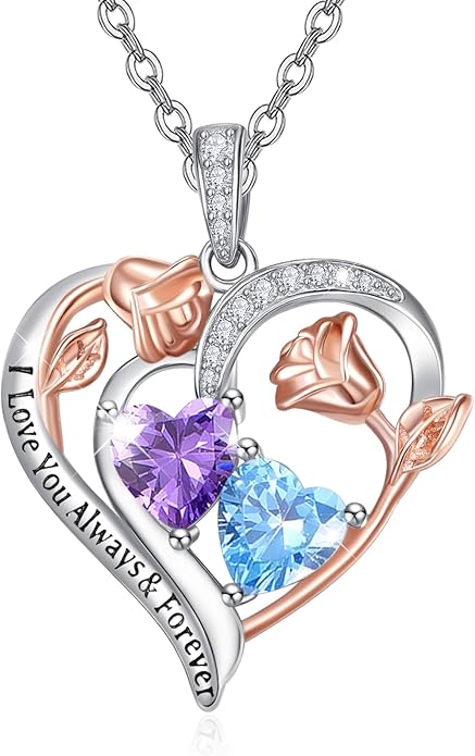 Valentine's Day Gifts for Wife 925 Sterling Silver Double Birthstone Pendant Necklaces I Love You for Always and Forever Necklace Anniversary Birthday Gifts for Wife Girlfriend Mom Her
