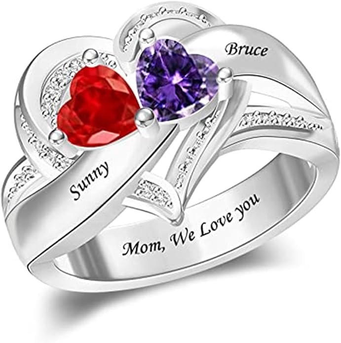 Personalized Heart Birthstone Rings for Women with 2 Birthstones Custom Name Rings for Couple Mother Daughter Jewelry Gift for Mother Her Christmas