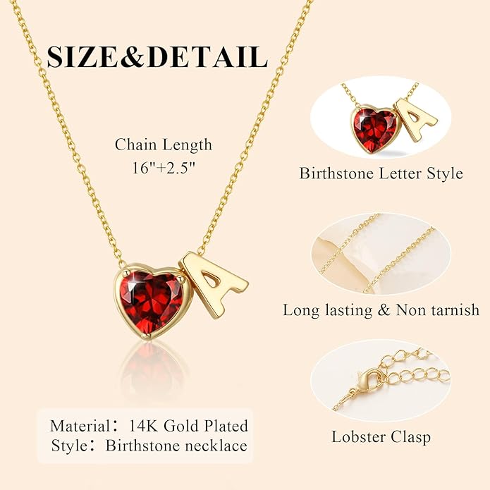 Valentines Day Gifts for Her- Heart Birthstone Initial Necklace for Women Girls,14K Gold Plated Heart Letter A-Z Necklace Birthday Trendy Jewelry Gifts for Women Girls Daughter