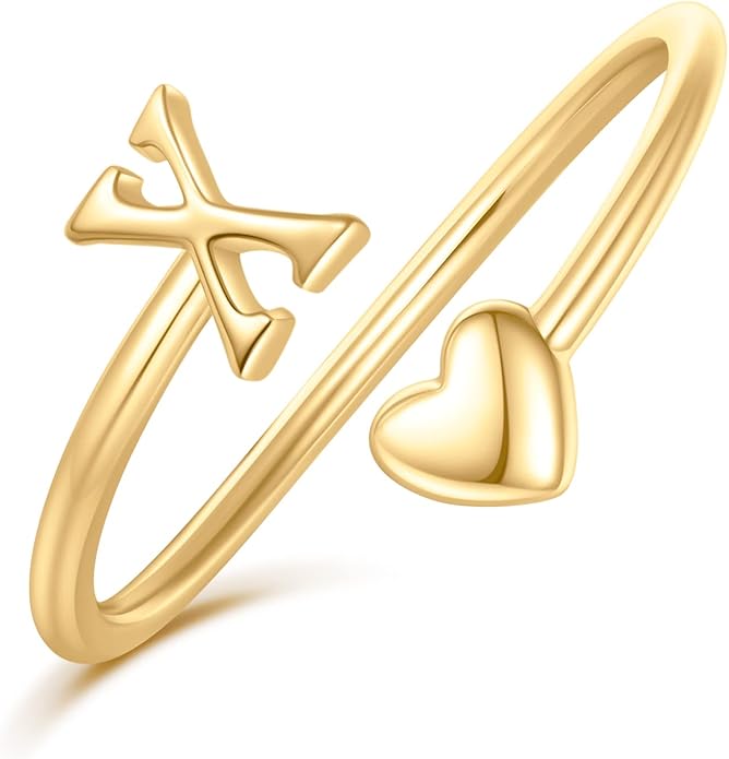 Initial Rings for Women Girls - Valentines Day Gifts for Her, Adjustable Rings for Women Non Tarnish Letter A-Z Dainty Heart Ring Teen Girls Gifts Trendy Stuff Personalized Jewelry Gift