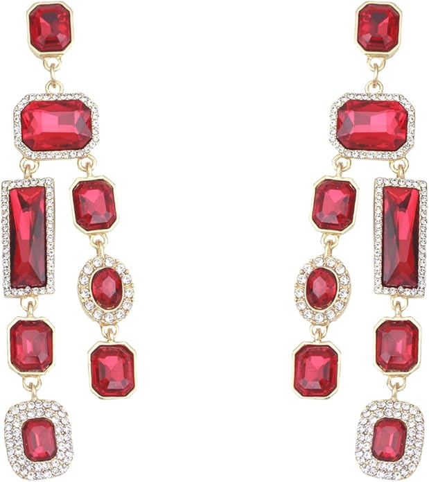 Vintage Rectangle Teardrop Chandelier Earrings, Art Deco Wedding Austrian Crystal Drop Dangle Earrings for Women Party Prom
