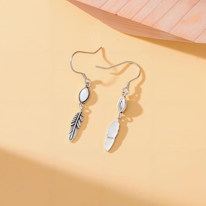 Feather Earrings for Women 925 Sterling Silver Western Boho Drop Dangle Earrings Vintage Feather Jewelry Gifts