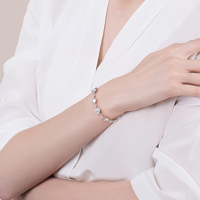 Carleen Birthstone Bracelets for Women 925 Sterling Silver Five Heart Station Created Gemstone Tennis Bracelet Jewelry Anniversary Birthday for Wife, 7"+1.2" Extender