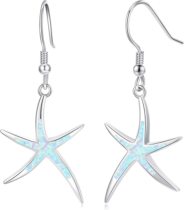 925 Sterling Silver Starfish Earrings With Opal Fish Hoops, Nautical Hawaiian Sea Beach Jewelry for Women and Starfish Lovers