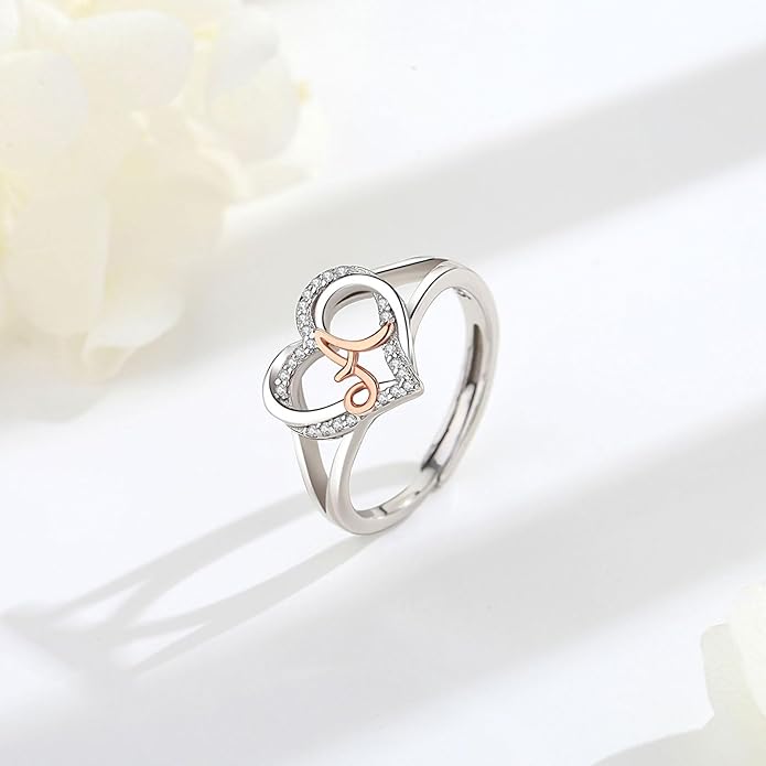 INFUSEU 925 Sterling Silver Initial Heart Ring for Women Girls, Adjustable Size