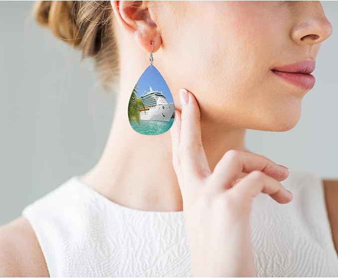 Sea Cruise Leather Teardrop Earrings Sailing Vacation Cruise Ship Tropical Summer Palm Beach Faux Leather Water Drop Earrings Jewelry For Women Friends Wedding
