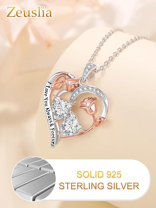 Valentine's Day Gifts for Wife 925 Sterling Silver Double Birthstone Pendant Necklaces I Love You for Always and Forever Necklace Anniversary Birthday Gifts for Wife Girlfriend Mom Her