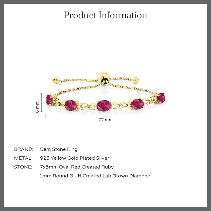 Gem Stone King 7X5MM Oval Cut Gemstone Birthstone and Accent Lab Grown Diamond Tennis Bracelet For Women In 18K Yellow Gold Plated Silver | Adjustable Bolo Bracelet For Women | Easy-On Easy-Off
