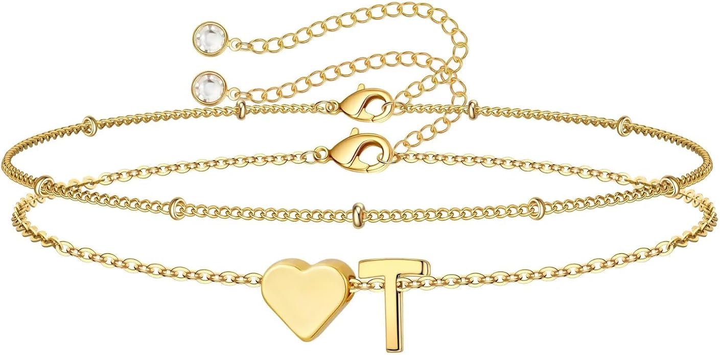 M MOOHAM Valentines Day Gifts for Kids Teen Girls -14K-Gold-Plated Heart Initial A-Z Bracelets for Women Girl Dainty Gold Bracelets Birthday Valentines Gifts for Women Her Teenage Girls Kid Teen Gift