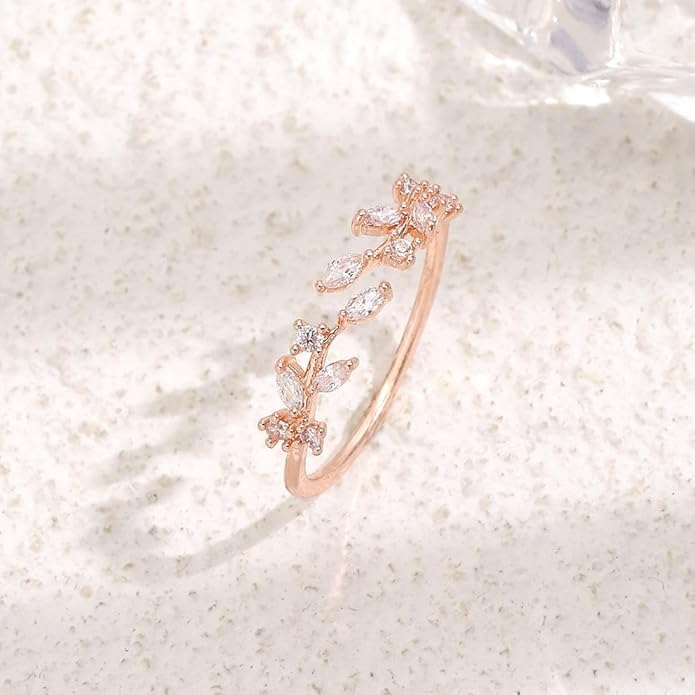 Gold Rings Non Tarnish Silver Adjustable Rings for Women Cubic Zirconia Leaf Ring Dainty Silver Stackable Ring for Women