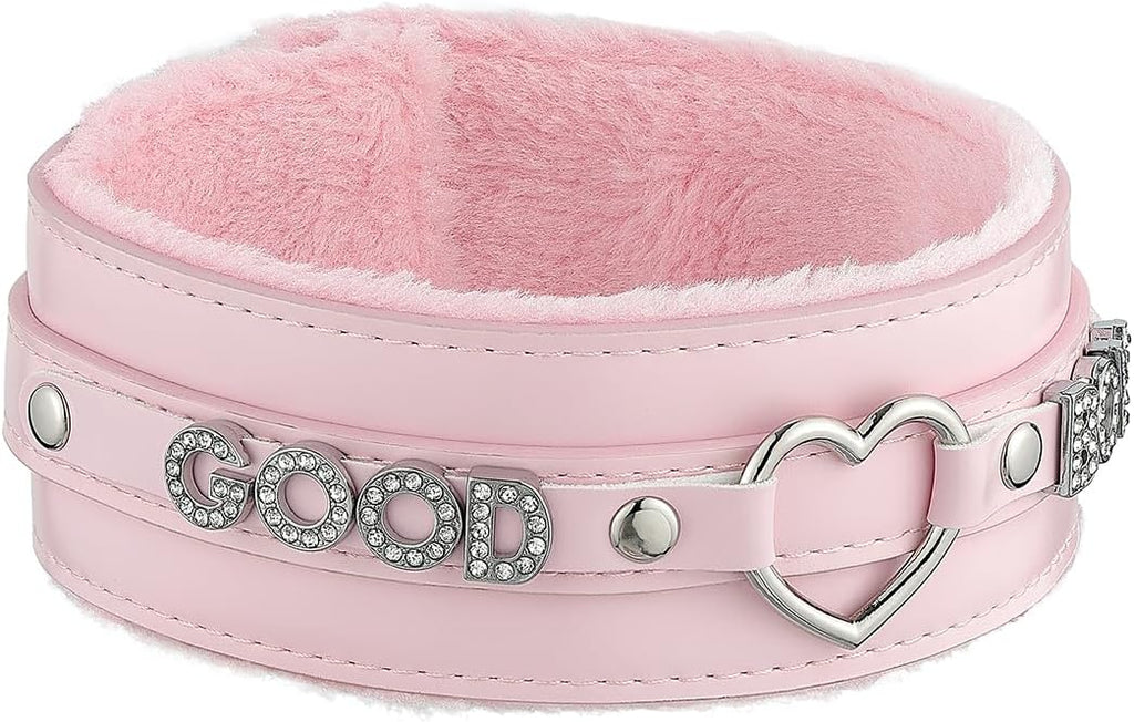 Pink Furry Heart O-ring Leather Choker Collar For Women, Handmade Punk Gothic Letter Necklace Adjustable Fashion Jewelry