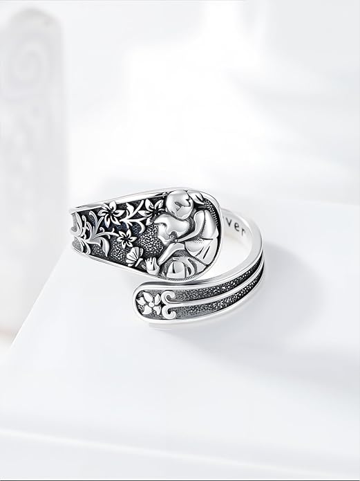 Midari Sun and Moon/Bee/Celtic/Life of Tree/Lotus Spoon Ring for Women 925 Sterling Silver Adjustable Ring Open Ring for Women Men Halloween Birthday Gift