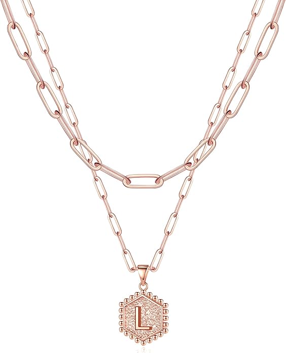M MOOHAM Valentines Gifts for Women Teen Girls, 14K-Gold-Plated Initial Necklaces for Women Cute Hexagon Letter Initial Necklace Layered Necklaces for Womens Teen Girl Valentines Jewelry Gifts