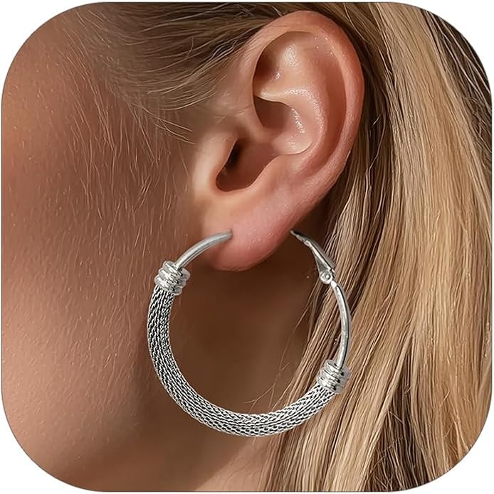 KeyStyle Mesh Hoop Earrings for Women, Stainless Steel Gold Hoops Earring Lightweight Loops, 2MM Thick Hypoallergenic Circle Endless Hollow Hoop 20mm-80mm