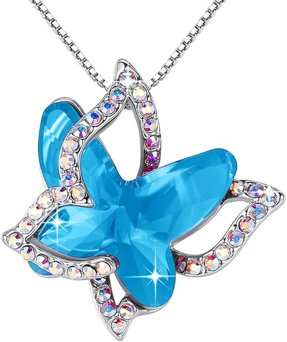 Valentine's Day Gift Butterfly Birthstone Crystal Necklace, Silver Tone with 18”+2” Chain, Necklace for Mother’s Day Anniversary Birthday Gifts for Women and Daughter