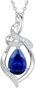 FANCIME Teardrop Gemstone Necklace for Women S925 Sterling Silver Elegant Ribbon Pendent Birthday Gifts for Her, 16"+2" Inches