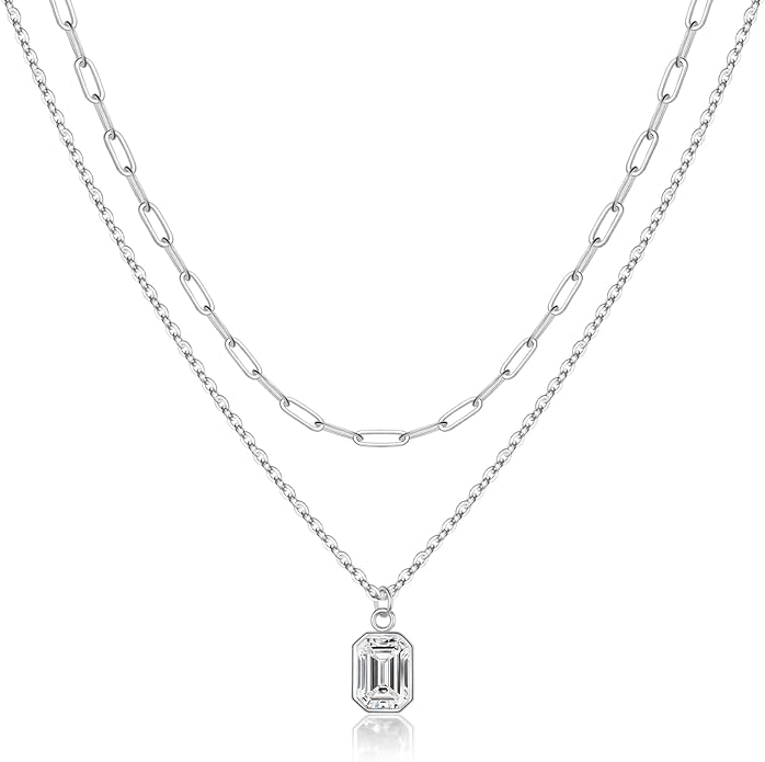 Layered Birthstone Necklace for Women Girls, 14K Gold-Plated Paperclip Chain Choker Necklace with Rectangle Birthstone Pendant Birthday Gifts for Women Girls Dainty Small
