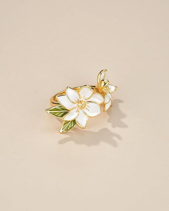 Gold Rose Pink Enamel Floral CZ FULLY ADJUSTABLE Statement Open Ring for Women by SNGIA, Daisy Orchid Flower Leaf Summer Beach Handmade Unique Pinky Band, Chunky Sunflower Stackable Cute Cuff Cocktail Ring Birthday Gift, Natural Bold Exaggerated Irregu...