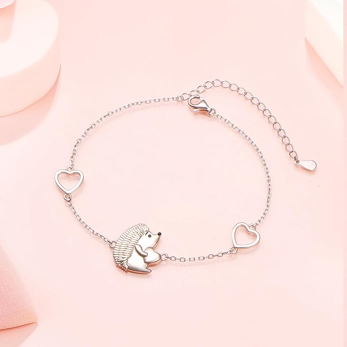 FLYOW 925 Sterling Silver Cute Animal Heart CZ Hedgehog Pendant Necklace and Stud Earrings Bracelet Set for Women Birthday Jewelry