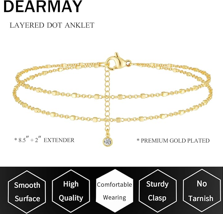 DEARMAY Dainty 14K Gold Plated Ankle Bracelets for Women, Waterproof 14K Gold Plated Link Chain Anklets Non Tarnish Set Pack Summer Beach Jewelry Gift