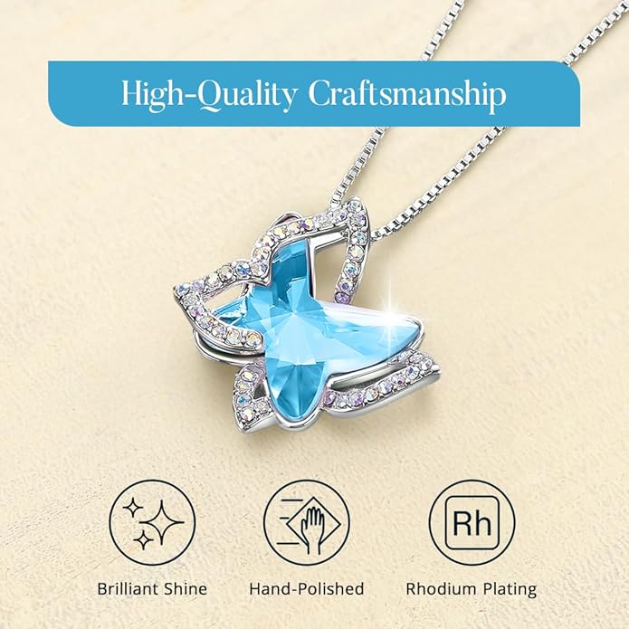 Valentine's Day Gift Butterfly Birthstone Crystal Necklace, Silver Tone with 18”+2” Chain, Necklace for Mother’s Day Anniversary Birthday Gifts for Women and Daughter