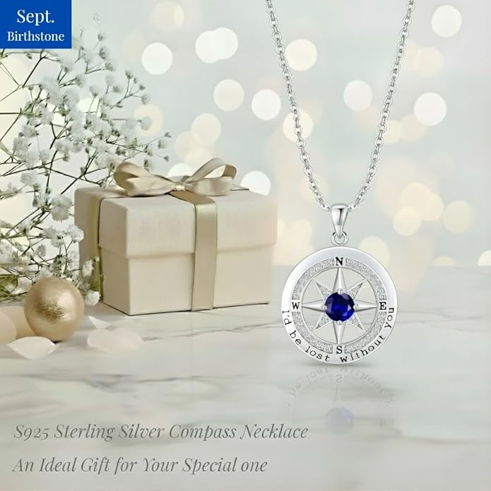Compass Necklace for Women Wife Girlfriend Mom Daughter Gifts S925 Sterling Silver Jewelry For Anniversary Rose Gold Gifts For Birthday Christmas Mothers Valentines Day 12 Birthstones