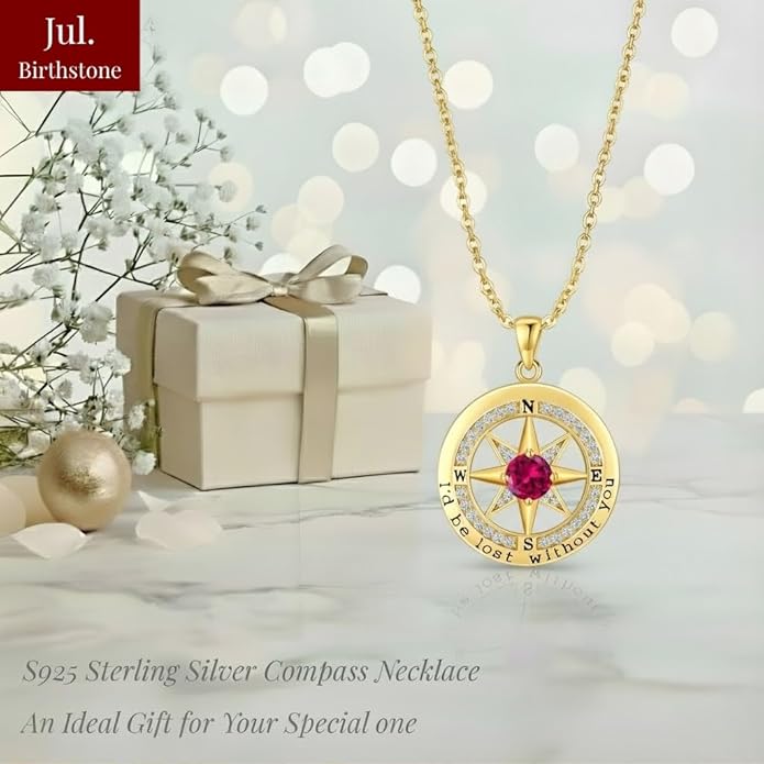 Compass Necklace for Women Wife Girlfriend Mom Daughter Gifts S925 Sterling Silver Jewelry For Anniversary Rose Gold Gifts For Birthday Christmas Mothers Valentines Day 12 Birthstones