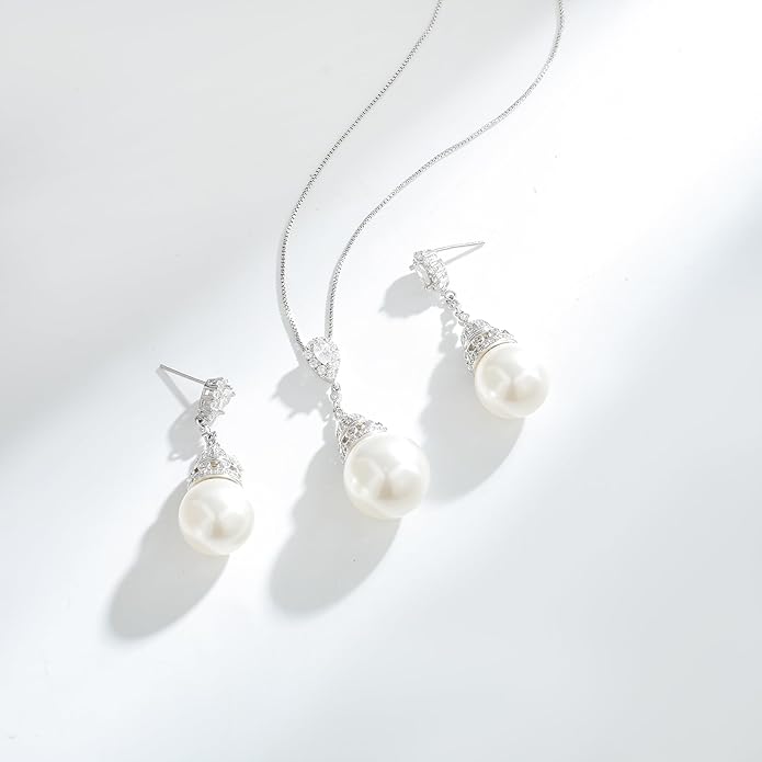 Jewelry set for Women Trendy Elegant 14K Gold/Silver Plated Imitation Pearl Necklace Pendant Earrings and Ring Inlaid With CZ - Wedding Fashionable Jewelry Gift