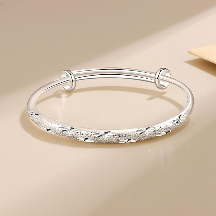 Solid 925 Sterling Silver Bracelets for Women Simple Adjustable Bangle Bracelet