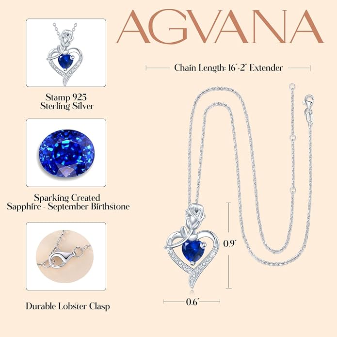 AGVANA Valentines Day Gifts Rosy Reverie Birthstone Necklace for Women Sterling Silver Genuine or Created Gemstone Rose Flower Heart Pendant Necklace Anniversary Birthday Gifts for Women Mom Wife Her