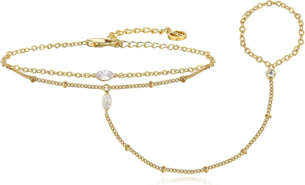 Cicy Bell Hand Chain 18k Gold Plated Bracelet for Women Trendy Teardrop Cubic Zirconia Adjustable Finger Ring Slave Dainty Bracelets Jewelry Gifts