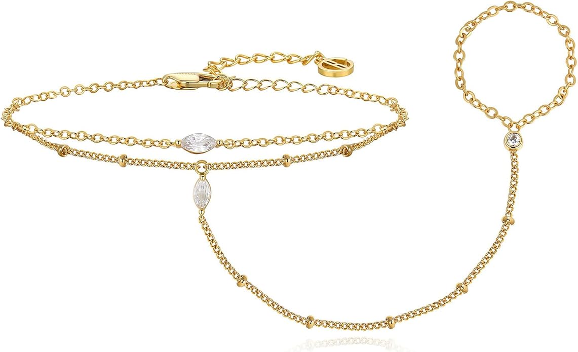 Cicy Bell Hand Chain 18k Gold Plated Bracelet for Women Trendy Teardrop Cubic Zirconia Adjustable Finger Ring Slave Dainty Bracelets Jewelry Gifts
