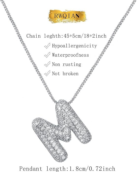 RWQIAN Letter Necklace for Women Bubble, Chunky Initial Alphabet A-Z Pendant Puffy Name Personalized Necklace Dainty Zircon CZ Fashion Jewelry Gifts for Girls Girlfriend