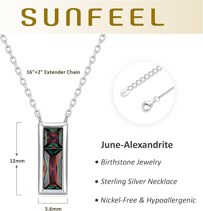 SUNFEEL Birthstone Necklace for Women, S925 Sterling Silver Necklaces with Square Cubic Zirconia Gemstone Necklace Women's Jewelry Anniversary Birthday Gifts for Women Mom Wife Her