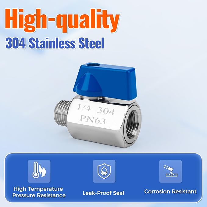 2 Pack 1/4" NPT Mini Ball Valve, 304 Stainless Steel Male x Female Threaded - Image 2