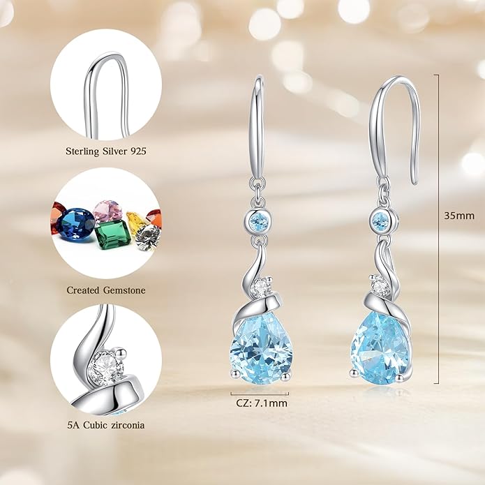 FANCIME Women Drop Earrings 925 Sterling Silver with Pear Gemstone Dangle Birthstone Earring Fine Jewelry Birthday Gifts for Women