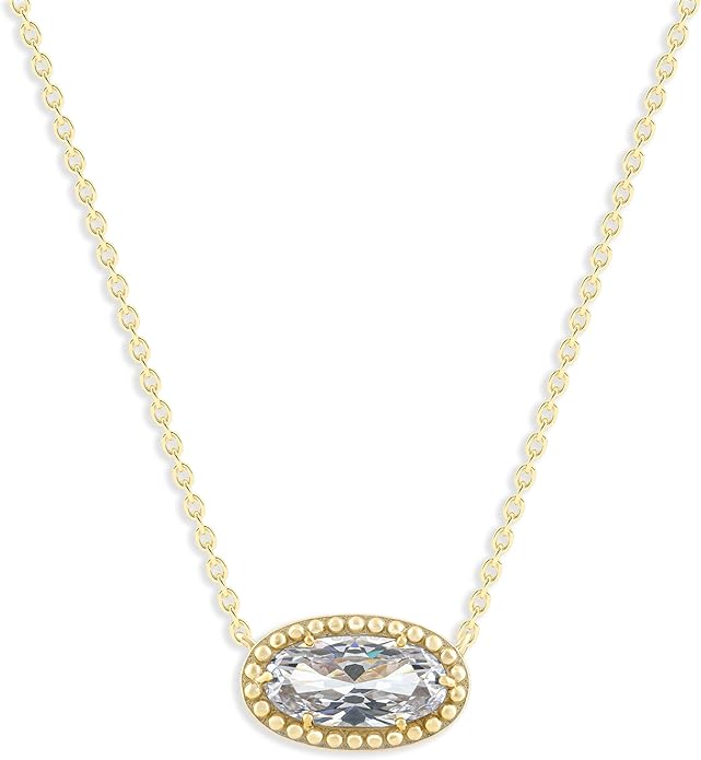 Belacqua Gemstone Necklace in 14K Gold Plated Sterling Silver, Oval Pendant Size 6 * 12mm, 15" Cable Chain with 2" Extender, Spring Ring Clasp, Dainty Birthstone Necklace for Women, Gift Box Included