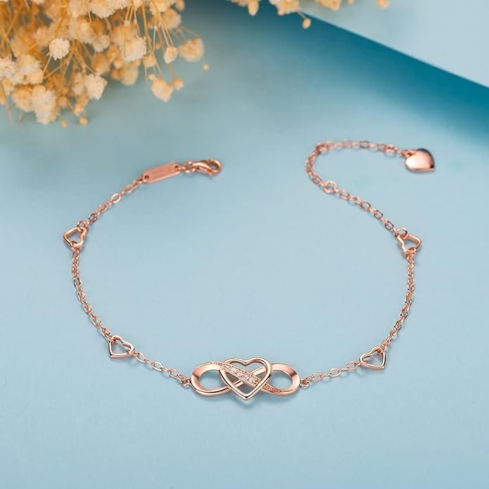 Billie Bijoux 925 Sterling Silver Anklet Bracelets for Women Infinity Heart Ankle Bracelet White Gold Plated Love Charm Adjustable Large Bracelet Gifts for Women Wife
