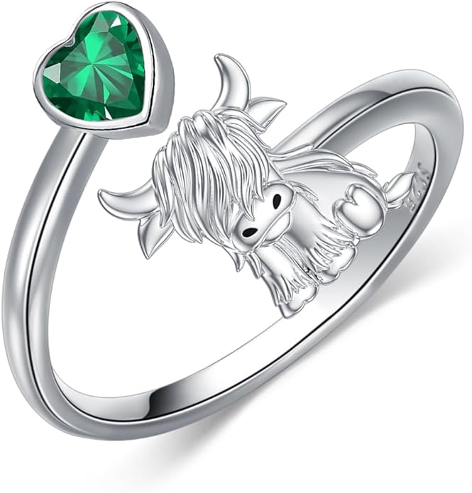 Highland Cow Ring 925 Sterling Silver Adjustable Ring Birthstone Ring Engraved Name Highland Cow Gifts Jewelry for Women