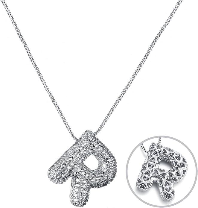 RWQIAN Letter Necklace for Women Bubble, Chunky Initial Alphabet A-Z Pendant Puffy Name Personalized Necklace Dainty Zircon CZ Fashion Jewelry Gifts for Girls Girlfriend