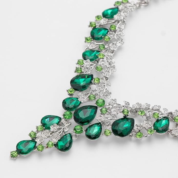 Bridal Bridesmaid Austrian Crystal Jewelry Set, Floarl rhinestone Statement Neckace Teardrop Necklace Drop Dangle Earrings Set