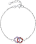Custom Birthstone Bracelet for Women Sterling Silver Personalized Interlocking 2 Circles Charm Bracelets for Lover Christmas Valentine's Day Jewelry Gifts for BFF