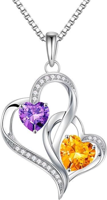 Iefil Valentines Day Gifts for Her - 925 Sterling Silver Double Birthstone Necklace, Heart Necklaces for Women, Anniversary Birthday Gifts, Personalized Jewelry Gift for Wife Mom Girlfriend