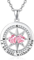 Compass Necklace for Women, Exquisite S925 Valentines Day Anniversary Birthday Gifts for Wife Her Double Birthstone Pendant Jewelry ‘I'd be Lost Without You’