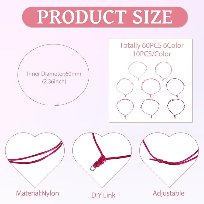80Pcs Adjustable Braided Cord Colorful Waxed Thread Half Finished Bracelet with Jump Rings Knotting Bracelet Ropes for Wrist DIY Women Jewelry Friendship Bangle Decor 8.5-16cm Long-Pink