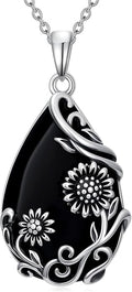 Black Onyx Necklace 925 Sterling Silver Flower Insect Pendant Teardrop Onyx Jewelry Valentines Day Birthday Gifts for Women