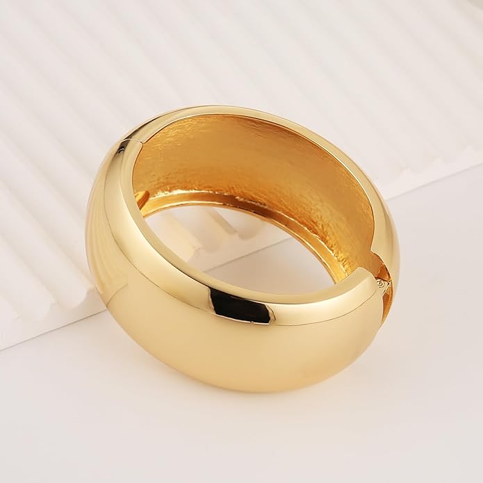 HZMAN 18K Gold Plated Wide Cuff Bracelet for Women - Premium Alloy Shiny Polished Double Layer Statement Bangle, Trendy Daily Wear Party Jewelry Accessory